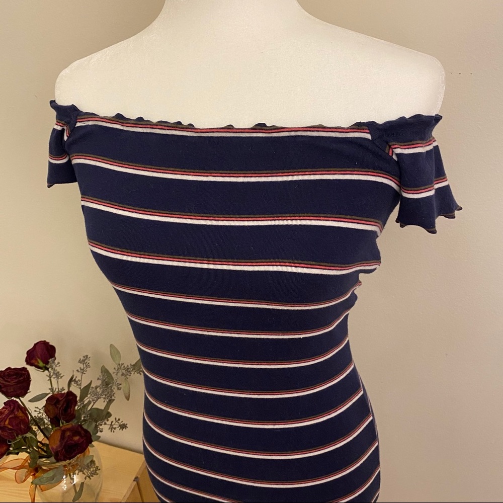 Off the Shoulder Navy Blue Striped Fitted Dress